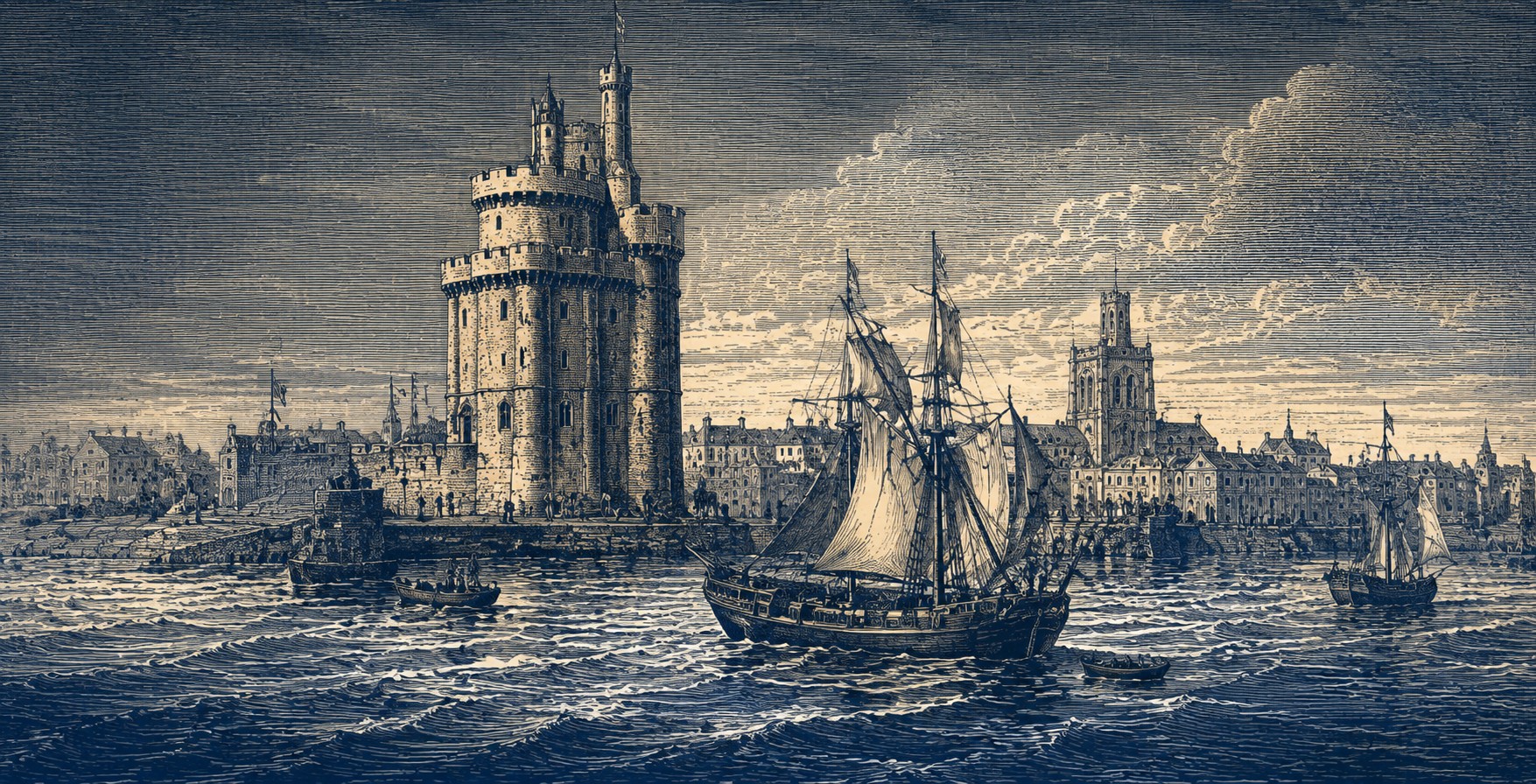 Historic engraving-style view of La Rochelle harbor with towers and sailing ships.